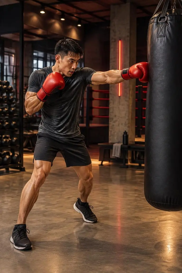 An Asian man practicing a straight punch on a heavy bag in a modern boxing studio.