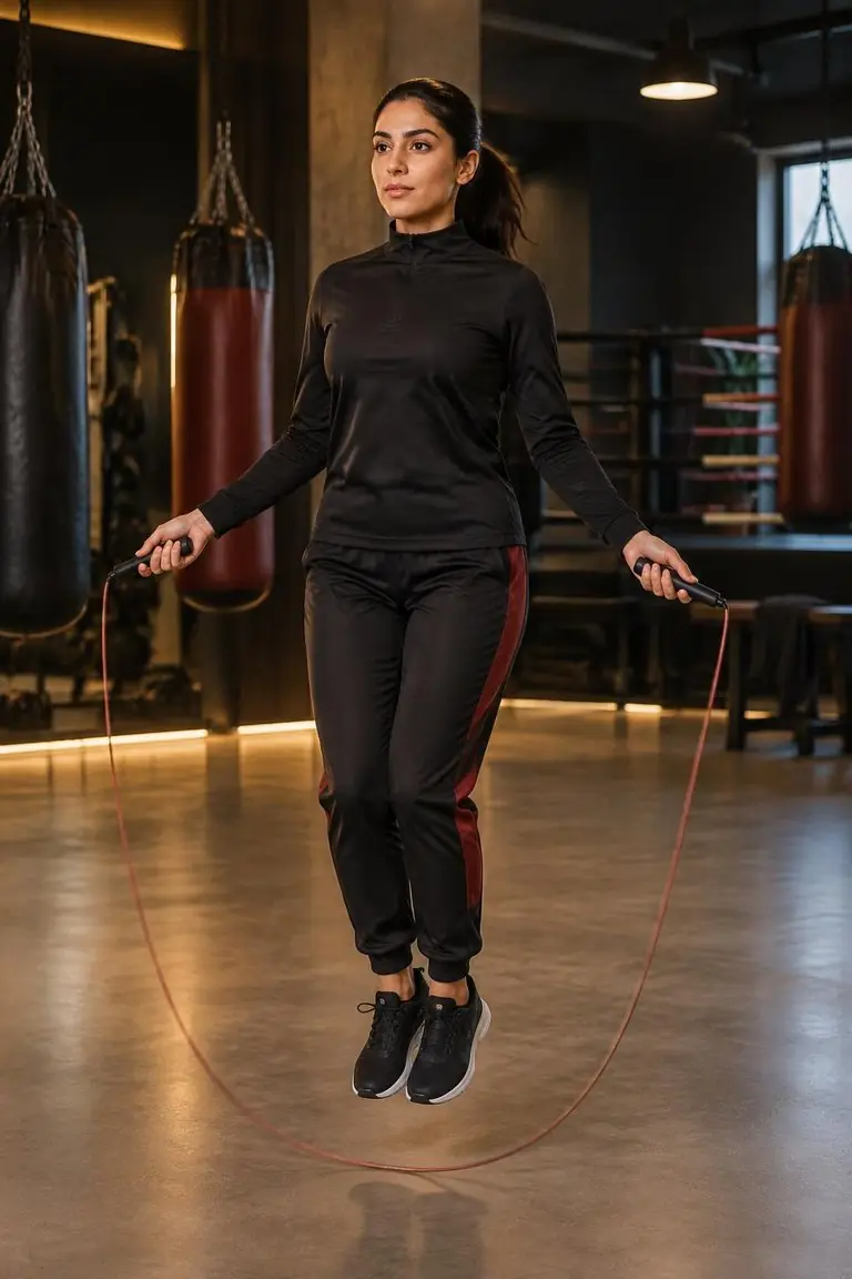 A young Middle Eastern woman warming up with a jump rope in a boxing studio.