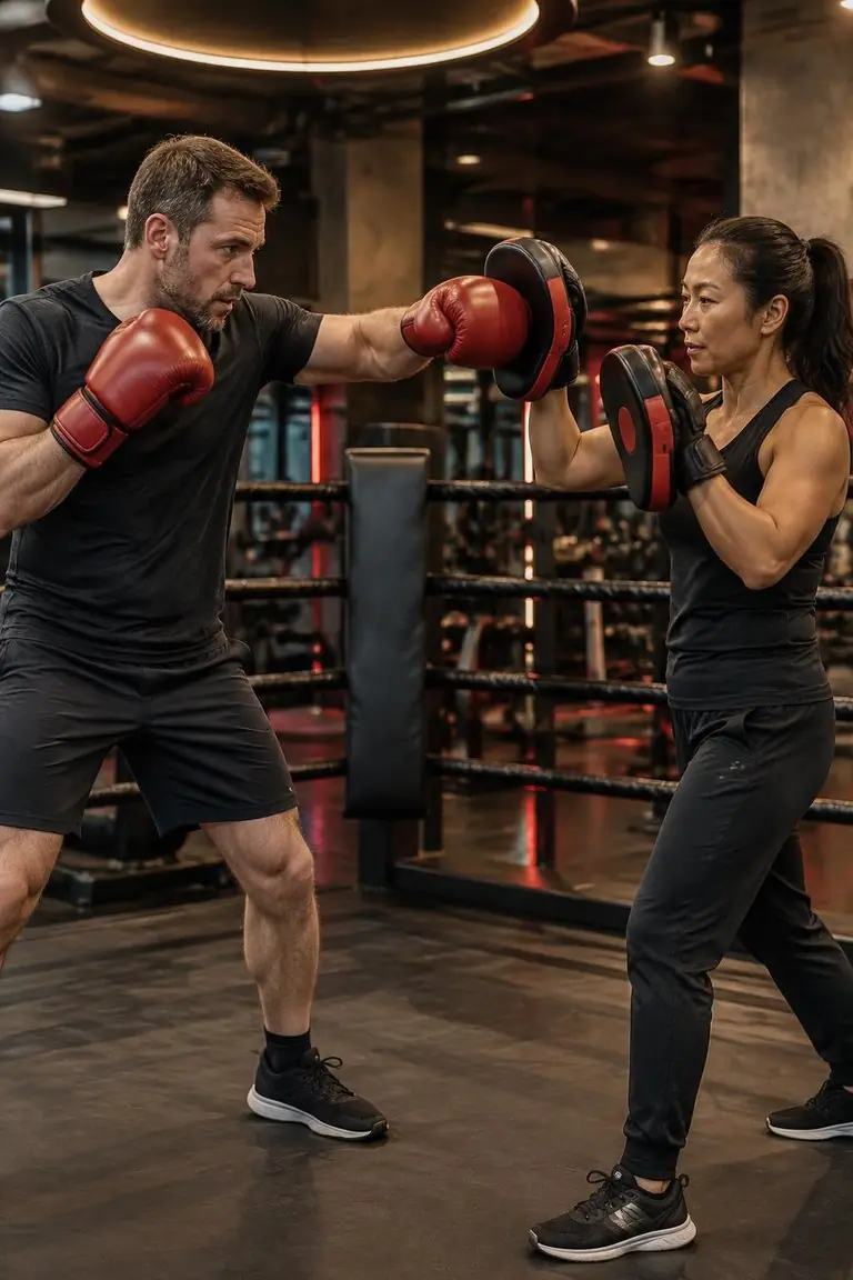 A man in red gloves learning mitt work with a woman coach in a modern boxing ring.