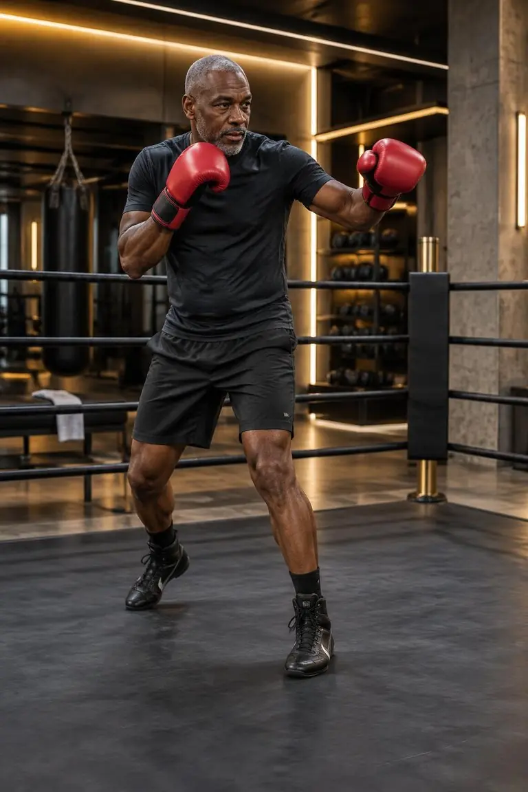 An older Black man practicing controlled footwork and shadowboxing inside a boxing ring.