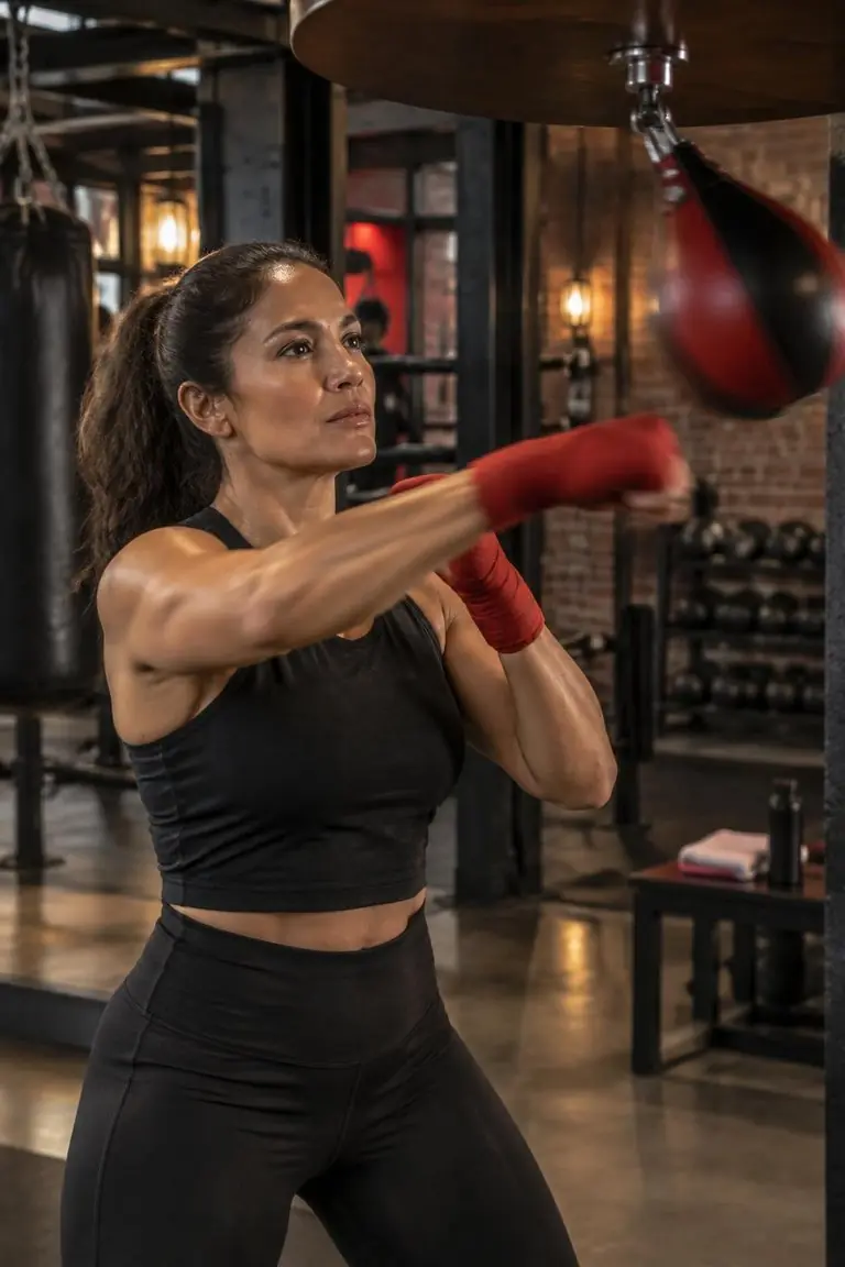 A Latina woman training on a speed bag in a contemporary boxing gym.