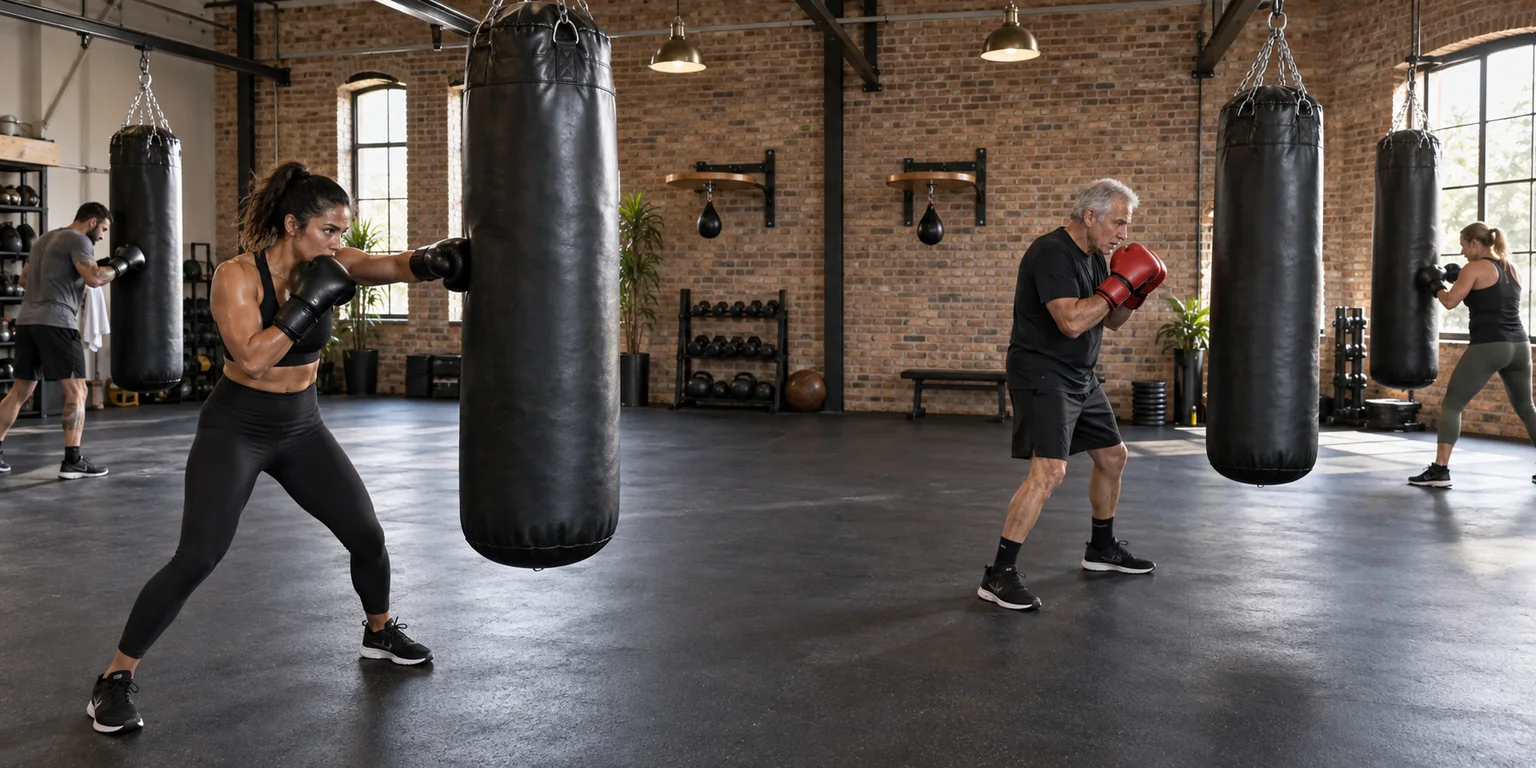 Women and men of different adult ages training at widely spaced heavy bags, with two separate wall-mounted speed-bag platforms in a warm brick boxing studio.